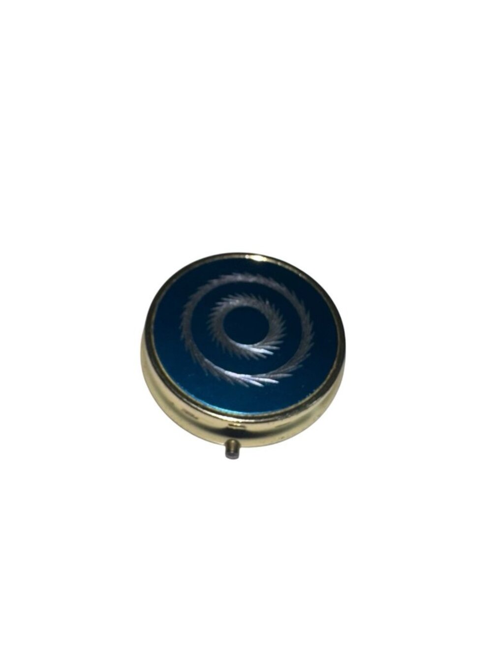 VINTAGE ROUND PILL BOX w/ ETCHED DESIGN Goldtone Blue 3 Sections